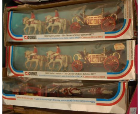 A Corgi toys 1902 State Landau Queens Silver Jubilee 1977 coach with horses together with two other examples (3)