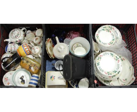 Three boxes of miscellaneous china to include Foley China Ming Rose pattern teawares, cased pair of binoculars, Poole Pottery
