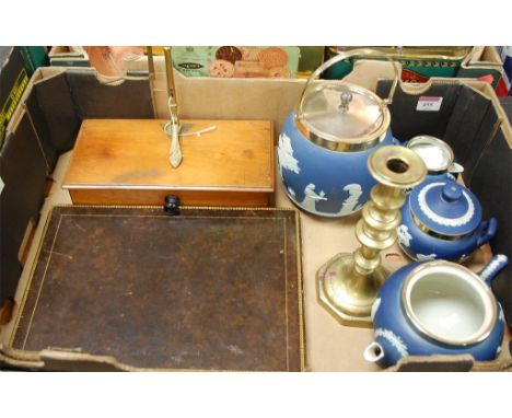 A box of miscellaneous items to include; Wedgwood blue jasper ware biscuit barrel and cover, three piece tea service (teapot 
