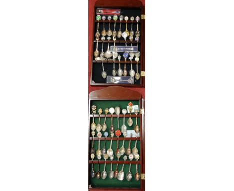 Two cases of silver plated and other souvenir spoons; together with a case only 