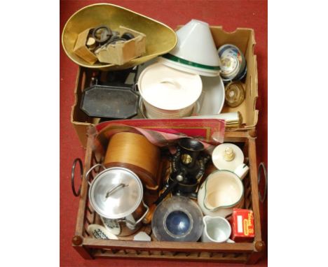 Two boxes of miscellaneous items to include; large Wedgwood bowl, cast iron scales and weights, Wicker basket etc  
