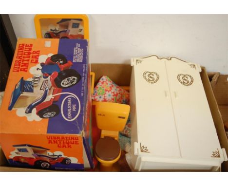 A collection of assorted Sindy doll accessories to include wardrobe and wash basin etc; together with a battery operated vibr