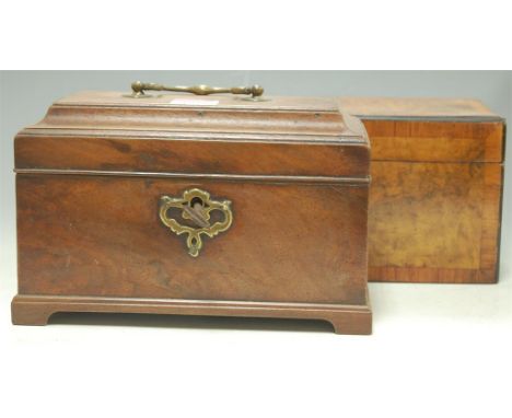 A George III mahogany tea caddy of sarcophagus form together with a Victorian walnut tea caddy of plain rectangular form (2)