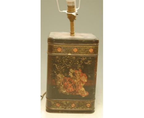 An early 20th century lithograph printed tea canister, later converted to a table lamp