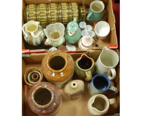 Two boxes of miscellaneous items to include; Sylvac jug, Poole Pottery model of a dolphin, stoneware jars etc 