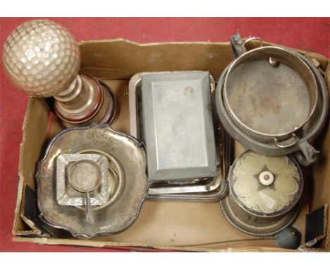 A box of miscellaneous metal wares to include silver plated golfing trophy, Victorian silver plated biscuit barrel and cover,