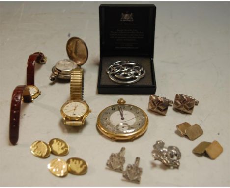 An early 20th century silver sovereign case; together with a pair of engine turned silver gilt cufflinks; ladies Regal wristw