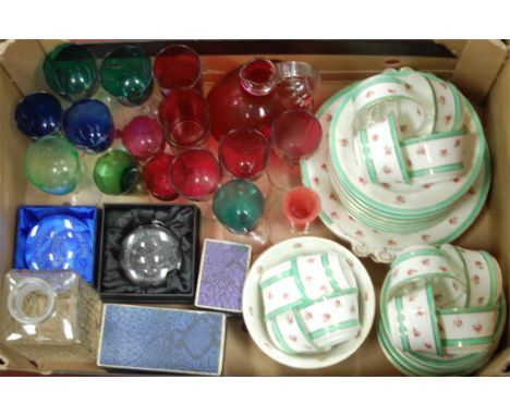 A box of china and glass to include; cranberry glass, part tea service, modern paperweights etc