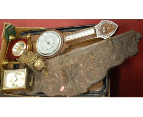 A box of miscellaneous items to include; reproduction lantern clock, early 20th century oak cased barometer etc 