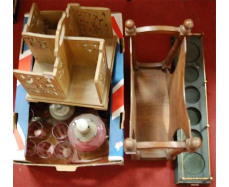 A collection of miscellaneous items to include softwood four division book trough, cranberry glassware, pewter tea pot, oak s