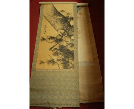 An early 20th century Chinese watercolour scroll depicting birds amongst foliage, signed; together with three others (4) 
