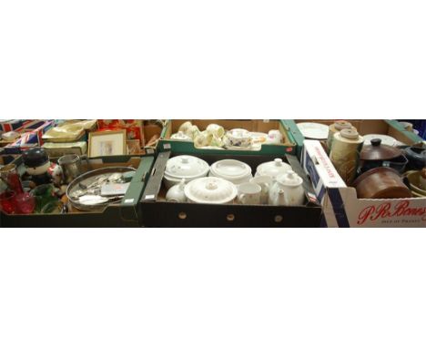 Ten boxes of miscellaneous items to include Royal Worcester Evesham pattern table wares, studio pottery lamp bases, advertisi