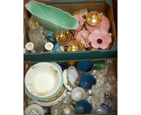 Two boxes of miscellaneous china and glass to include; Wade Kronenbourg advertising ashtray, Devonware boat-shaped vase etc 