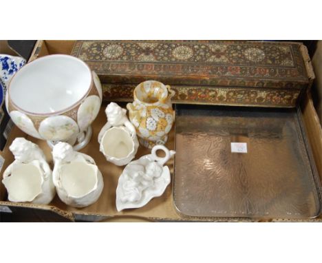 A box of miscellaneous items to include; four blanc-de-chine figures, silver plated gallery tray, continental bowl etc 