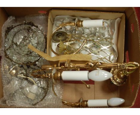 A pair of early 20th century three tier ceiling light pendants with glass drops, together with other fittings