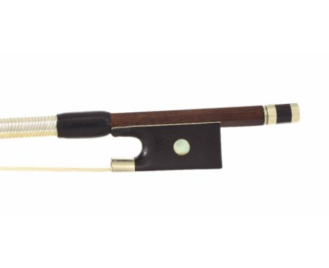 French JTL nickel mounted violin bow stamped Martini ? Paris, the stick round, the ebony frog inlaid with pearl eyes and the 