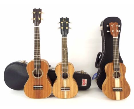 Three APC ukuleles, model nos. SC, CC and SS, two cased (3)