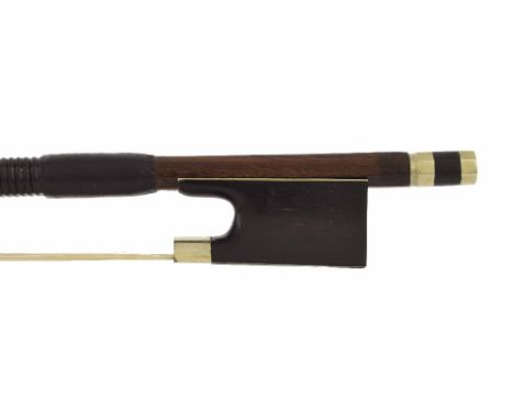 German silver mounted violin bow, unstamped, the stick octagonal, the ebony frog plain and the ebony adjuster with two silver