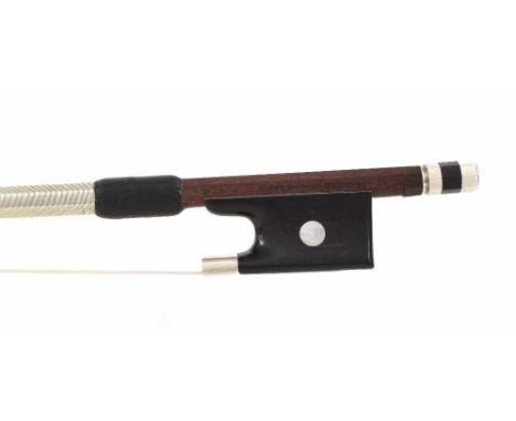 Violin bow stamped Prosper-Colas Paris, the stick round, the ebony frog inlaid with pearl eyes and the ebony adjuster with tw