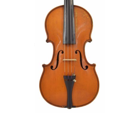 Hawkes & Sons violin circa 1910, labelled Hawkes & Sons Tyrolese Violin, Denman Street, Piccadilly Circus, London.W., the two