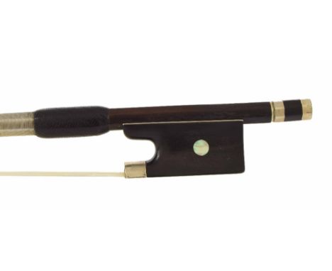 German silver mounted violin bow by and stamped R. Weichold, the stick round, the ebony frog inlaid with pearl eyes and the e