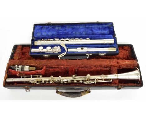 American silver plated Triumph straight clarinet, case; also a silver plated Gemeinhardt M2 flute no. C22657, case (2)