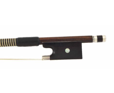 German silver mounted violin bow by and stamped Otto Durrschmidt, the stick round, the ebony frog inlaid with pearl eyes and 