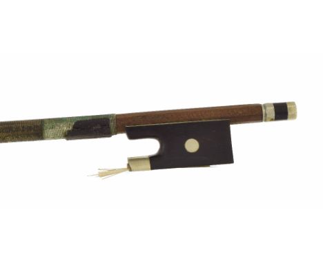 French nickel mounted violin bow stamped Parisot, the stick round, the ebony frog inlaid with pearl eyes and the ebony adjust