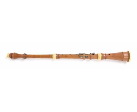 Two-keyed boxwood oboe by Bland & Weller, London, c1800, ivory mounts, silver keys, onion and cotton-reel finial, length 575m