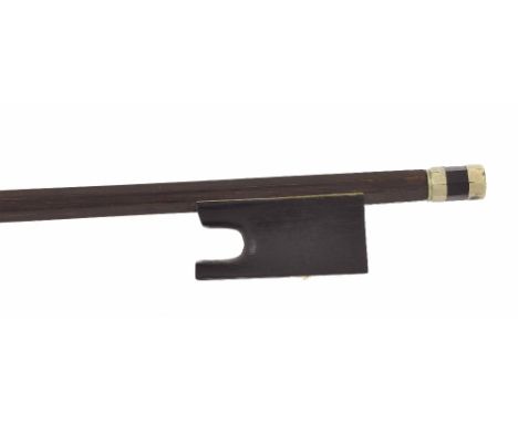 Nickel mounted violin bow of the Peccatte School, unstamped, the stick round, the ebony frog plain and the ebony adjuster wit