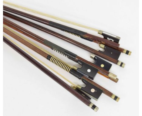 Seven various nickel mounted violin bows and a violin bow stick (8)