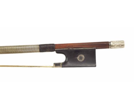 Silver mounted violin bow stamped Joachim, the stick round, the ebony frog inlaid with pearl eyes and with an engraved silver