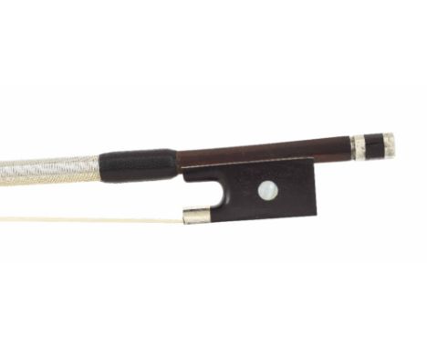 Silver mounted violin bow stamped Poirson ? Paris, the stick round, the ebony frog inlaid with pearl eyes and the ebony adjus