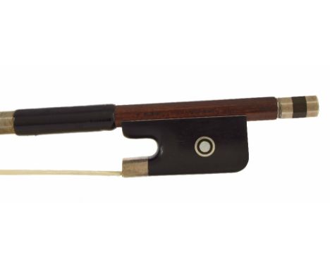 Good German silver mounted viola bow by and stamped *Albert Nurnberger*, the stick octagonal, the ebony frog inlaid with silv