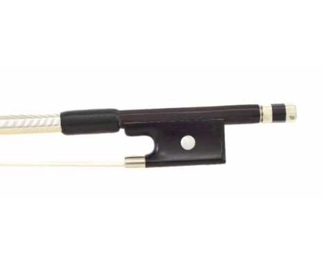 French JTL nickel mounted violin bow, unstamped, the stick round, the ebony frog inlaid with pearl eyes and the ebony adjuste