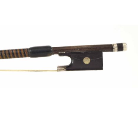 Silver mounted violin bow stamped F.N. Voirin ? Paris, the stick octagonal, the ebony frog inlaid with pearl eyes and the ebo