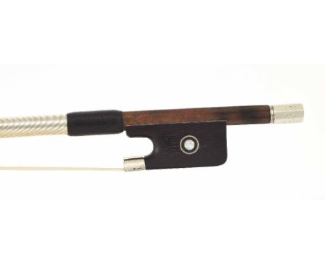 Silver mounted violin bow stamped G. Clasquin Paris, the stick round, the ebony frog inlaid with silver rings enclosing pearl