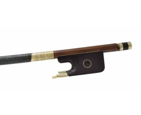 French nickel mounted violoncello bow stamped Cuniot Hury, the stick round, the ebony frog inlaid with silver rings enclosing