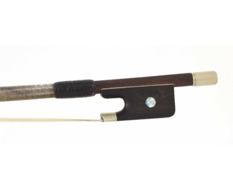 Nickel mounted violoncello bow stamped Emile Ouchard, the stick round, the ebony frog inlaid with pearl eyes and with a nicke