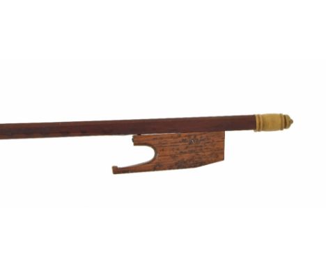 French baroque bow, unstamped, the stick octagonal, the frog plain and with a turned bone adjuster, 41gm (without hair)