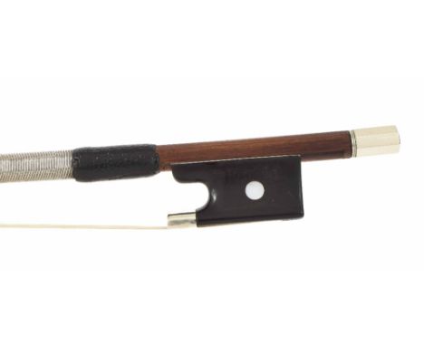 Silver mounted violin bow stamped Collin-Mezin, the stick round, the ebony frog inlaid with pearl eyes and with a silver over