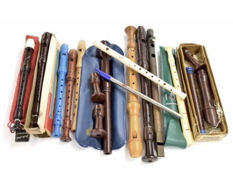 Alto recorder by Roessler, a descant recorder by Moeck, three plastic alto recorders by Dolmetsch, a descant recorder by Horn