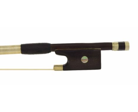 French silver mounted violin bow stamped H. Fleury, the stick round, the ebony frog inlaid with pearl eyes and the ebony adju