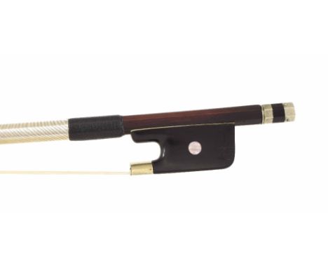 French nickel mounted violoncello bow by Pierre Cuniot and stamped Peccatte, the stick round, the ebony frog inlaid with pear