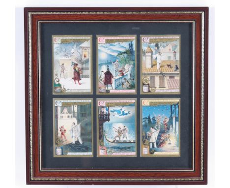 Framed set of six early 20th century Liebig Company's 'Carnevals - Seranden' cigar cards, each depicting figures playing fret