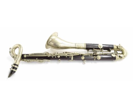 Ebonite bass clarinet by Hawkes & Son, London, serial number 8241, modified simple system, the keywork, crook and bell of nic