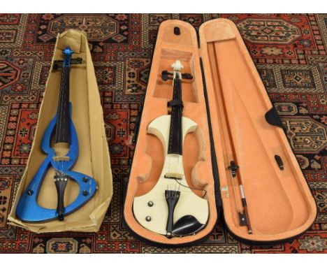 Electric violin outfit, white finish, bow, case (at fault); also another eden Star electric violin, blue metallic finish (2)