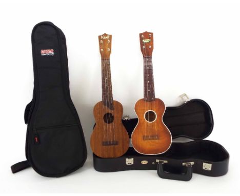 Vintage Harmony ukulele with Bakelite fretboard, hard case; together with a Kent ukulele, soft case (2)