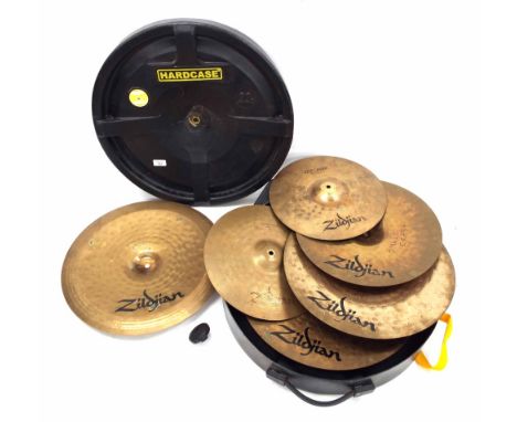 Set of Zildjian ZBT plus cymbals to include a 20" rock ride, an 18" medium thin crash, a 16" rock crash, a pair of 14" medium