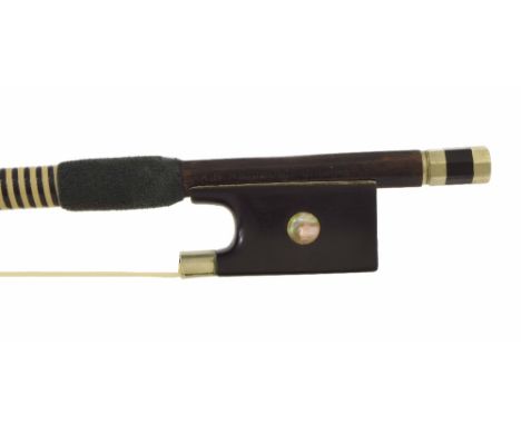 German nickel mounted violin bow by and stamped A.L. Weichold Dresden, the stick octagonal, the ebony frog inlaid with pearl 